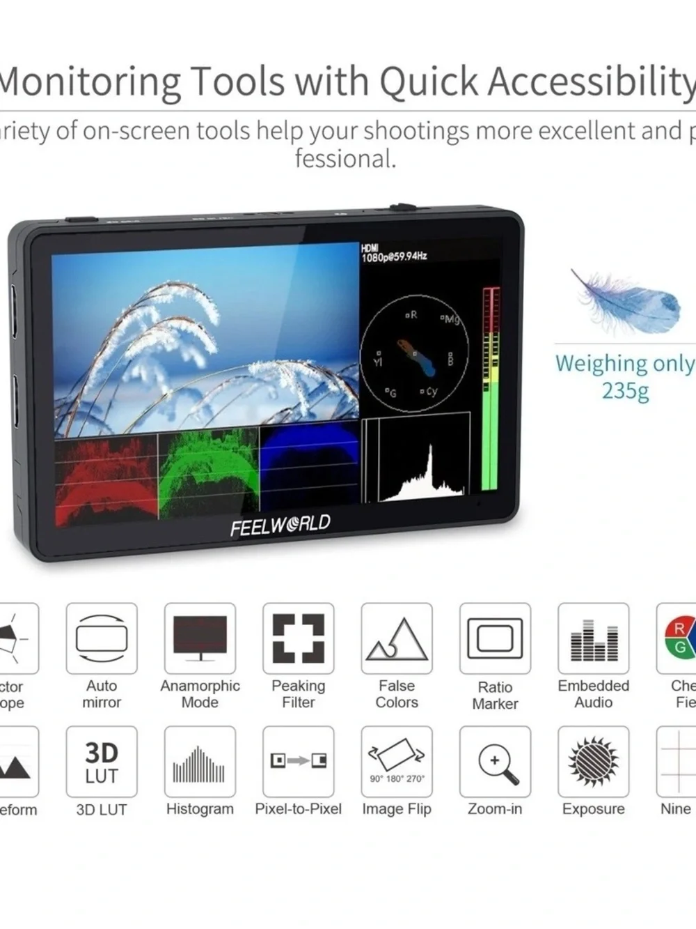 Black On-Camera Video Monitor - 7-inch